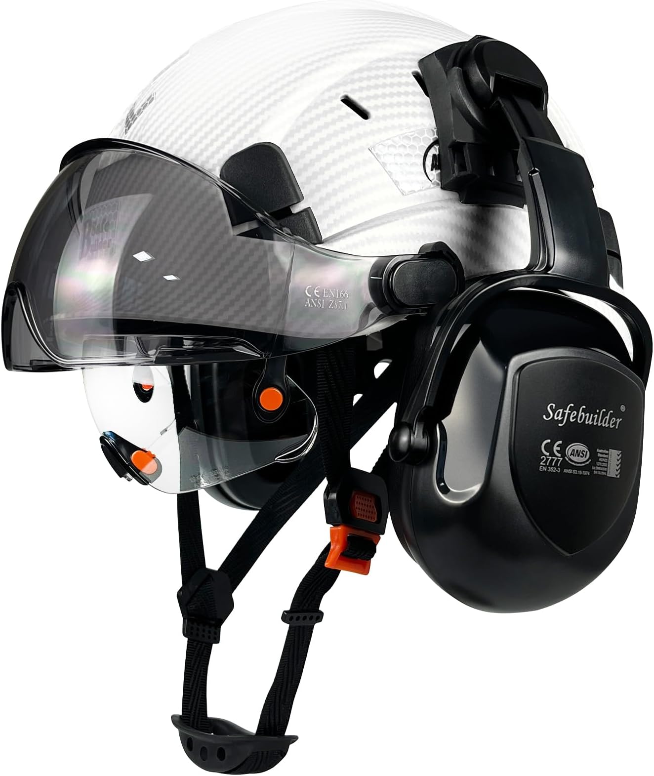 Safety Helmet With Visor Ear Muffs Work at Hight Carbon Fiber Abs Hard Hat For Industrial Construction Head Protection ANSI Z89.1 Approved(01-Matte White+Clear&Tinted Visors+B07E Earmuffs)