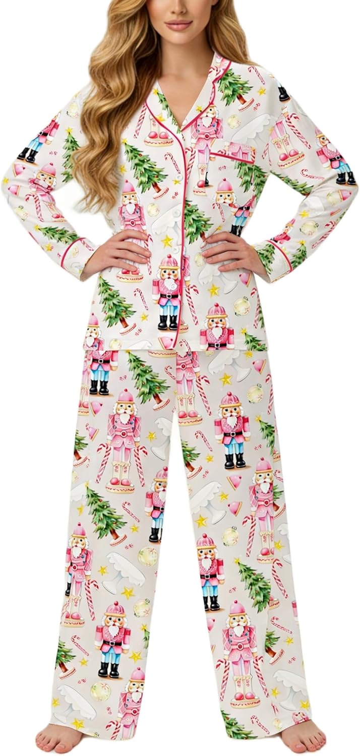 Women Christmas Satin Silk 2 Piece Pajama Set Button Down Santa Print Long Sleeve Pants Pjs Holiday Sleepwear - Image 3