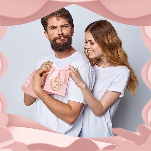 Miniatura 6 de Colarr 60 bolsas de regalo rosas de agradecimiento de papel, bolsas de regalo pequeñas de color rosa con asas y cinta de lazo para boda, cumpleaños,