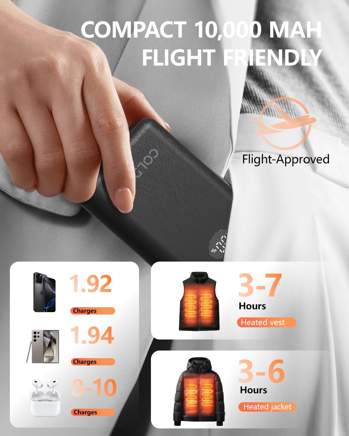 ColdBye 7.4V/5V Battery Pack for Heated Vest, Ultra-Small 10000mAh Power Bank for Heated Jacket with LED Display Compatible with Major Heated Clothing Brands - Image 5