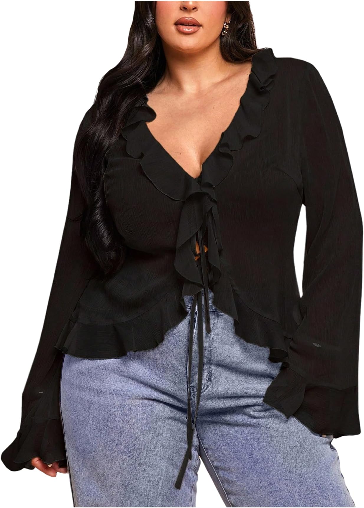 Women's Plus Size Tie Front Chiffon Blouses Bell Sleeve Ruffle Trim V Neck Sheer Shirts