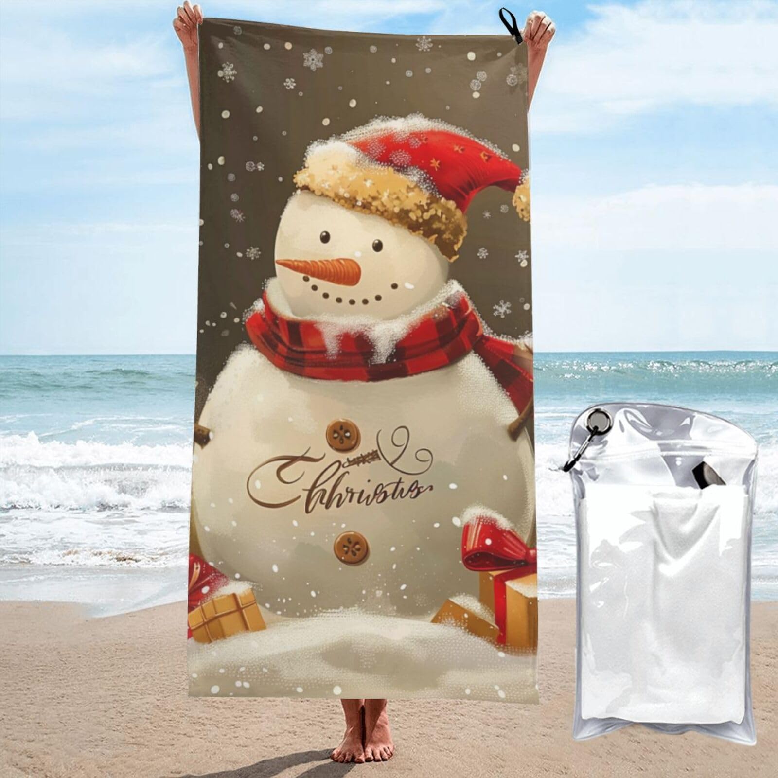 BWWHCCTI Christmas Snowman Printed Microfiber Quick Dry Beach Towel 80x160 CM, Fast Drying Bath Towels with Bags for Travel,Camping,Gym,Beach,Swimming,Yoga