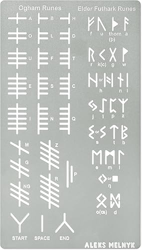 Aleks Melnyk No.421 Plantilla de metal, runas Elder Futhark y Ogham, Alfabeto antiguo, alfabeto mágico de sigil, plantilla de letras para leña, disponible en Yaxa Colombia