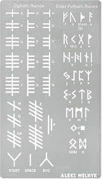 Aleks Melnyk No.421 Metal Stencil, Elder Futhark and Ogham Runes, Ancient Alphabet, Sigil Magic Alphabet, Letter Template for Wood Burning, Pyrography Engraving, Wicca Stencil, Bookmark
