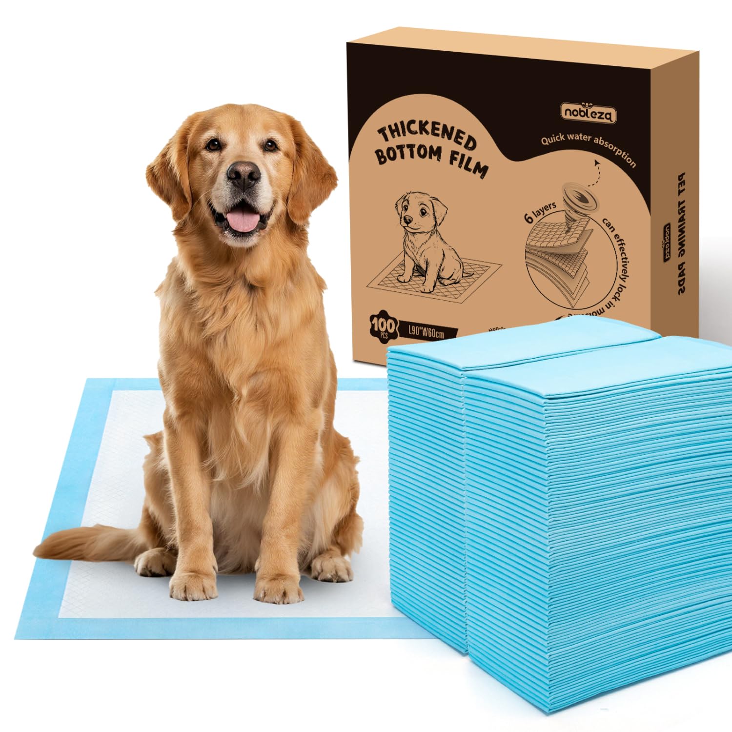 Nobleza Puppy Pads 100 Pack 90x60cm, Super Absorbent Pet Dog Puppy Training Pads Large, Leak-Proof 5 Layers Pet Pee Pad Mats, Dog Toilet Wee Pad, Disposable Incontinence Dogs Potty Training Mats