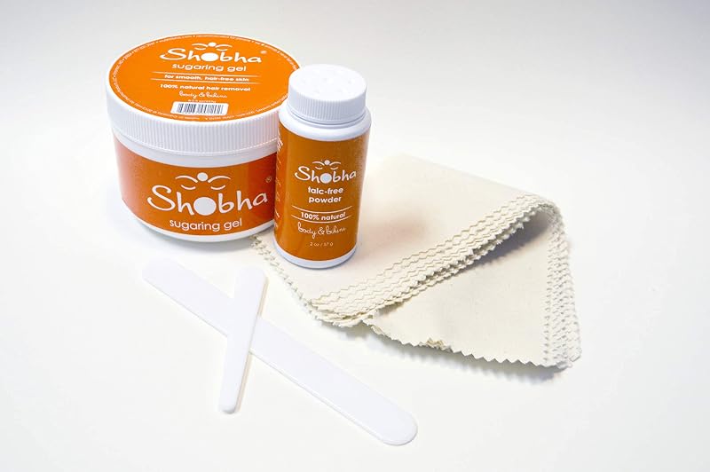 Shobha Kit de Depilação com Açúcar, Gel de Açúcar, Tiras de Musselina, Pó Pré-Depilação e Espátulas Reutilizáveis