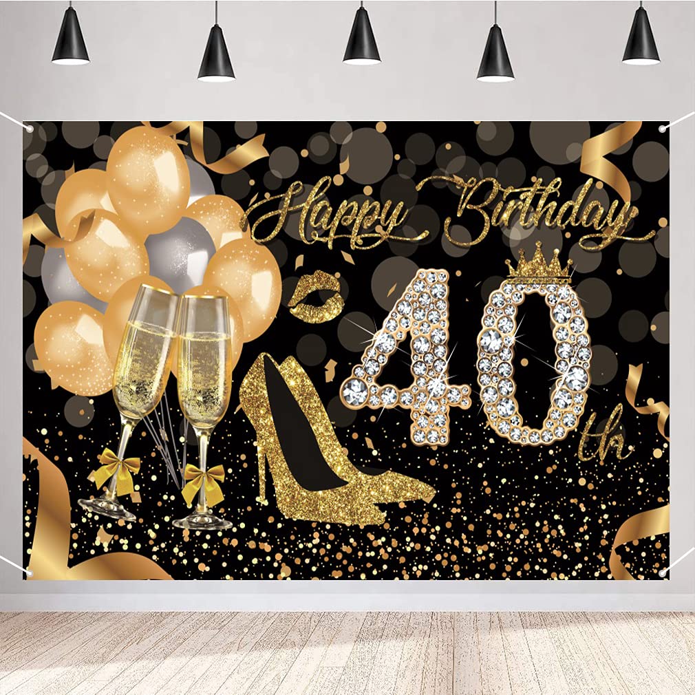 40th Birthday Decoration Happy 40th Birthday Backdrop for Woman Birthday Party Background Shining Glitter Gold Spots Black and Gold Party Banner Photo Studio Props