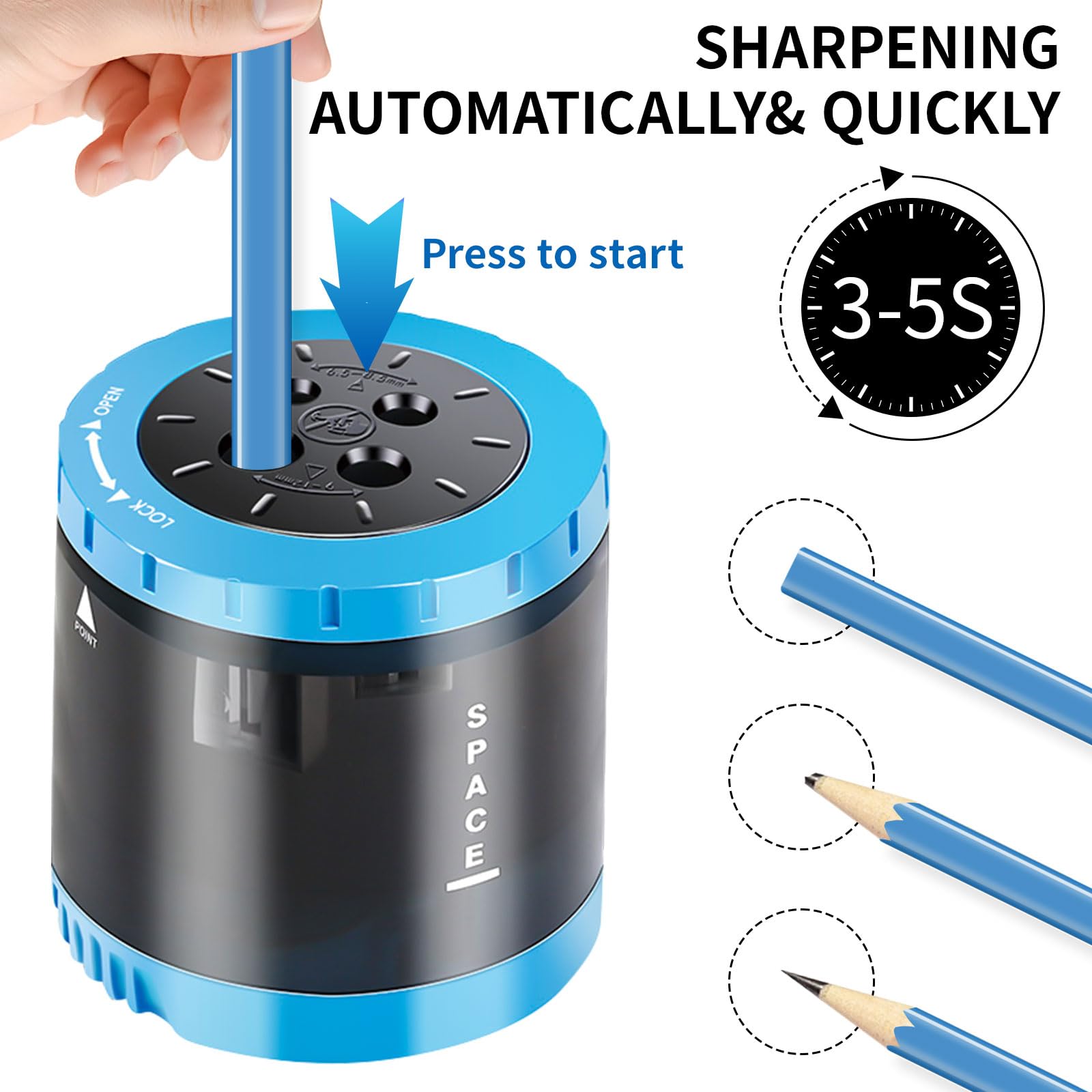 Temperamatite Elettrico Per Bambini, Temperamatite Elettrico Per 4 Misure (6-12 Mm), 4 Fori Per Matite Spesse E Sottili, Perfetto Per I Bambini In Ufficio O A Casa Blu