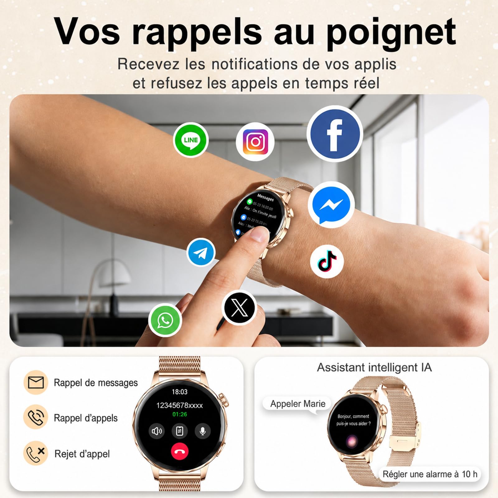 Efolen Montre Connectée Femme avec Appel Bluetooth, 1.27" Smartwatch Femme Ronde avec 2 Bracelets, Fréquence Cardiaque SpO2 Sommeil, 100+ Modes Sportifs, Podomètre IP68 pour Android iOS