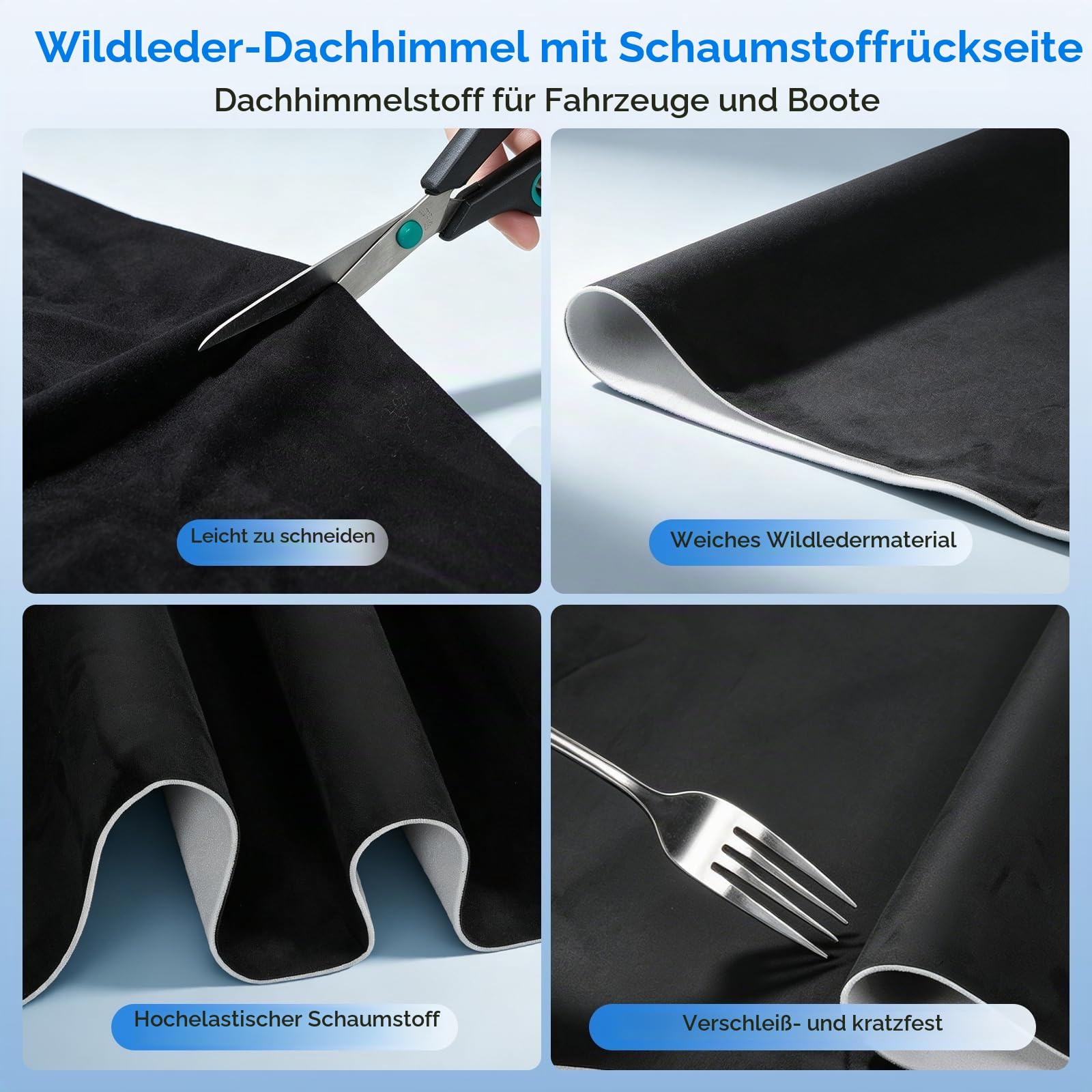 Dachhimmel Stoff Wildleder 244x152cm, 4mm Verdickter Autohimmelstoff mit Schaumrückseite, Schalldämmend Kratzfest Wildlederoptik Stoff für Auto Wohnmobil Boot Innenrenovierung, Schwarz