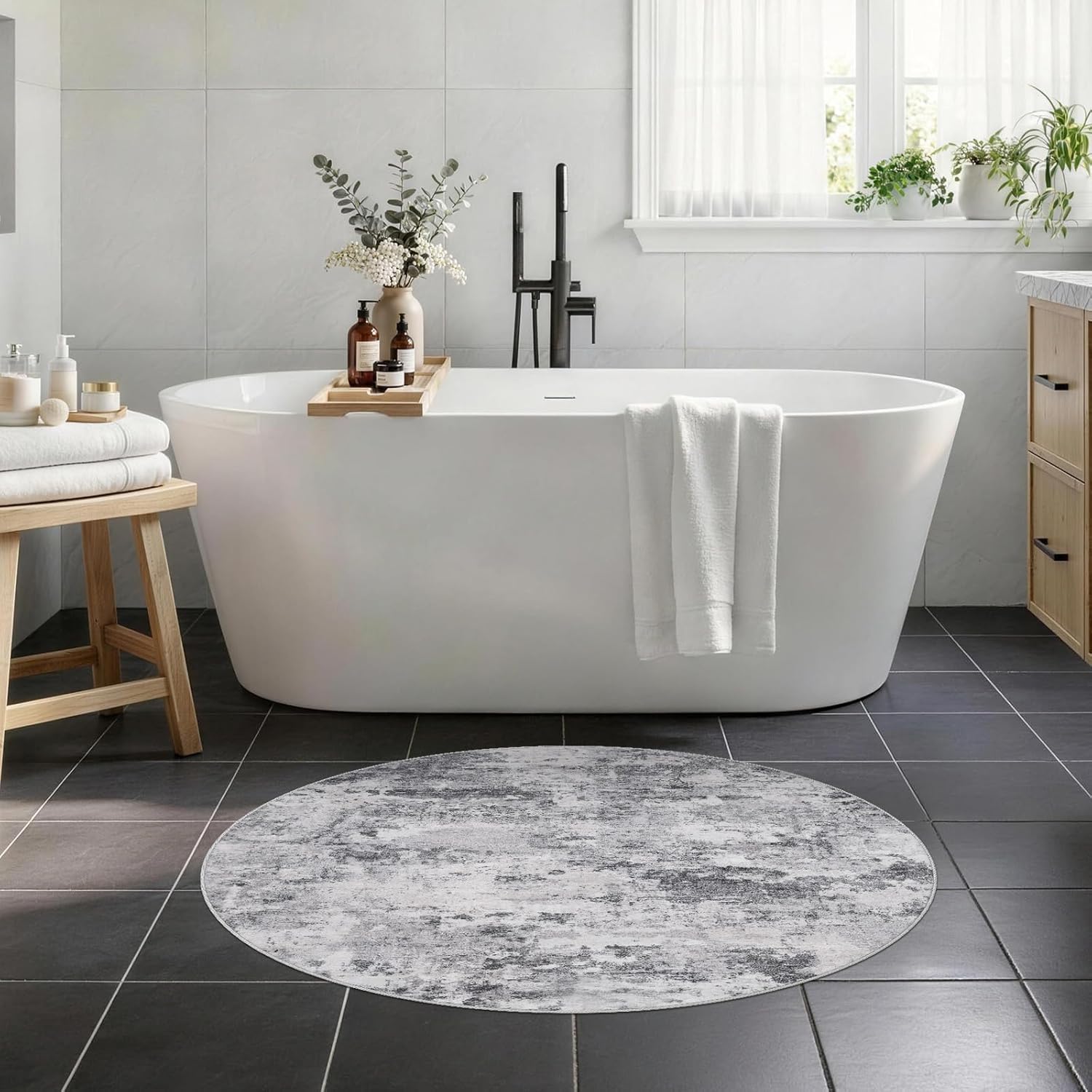 Abstract Washable Round Rug 3ft: Indoor Non Slip Small Modern Circular Door Mat - Thin Low Pile Stain Resistant Area Rugs for Bedroom Living Room - Minimalist Home Decor Carpet 3'Round Black Grey