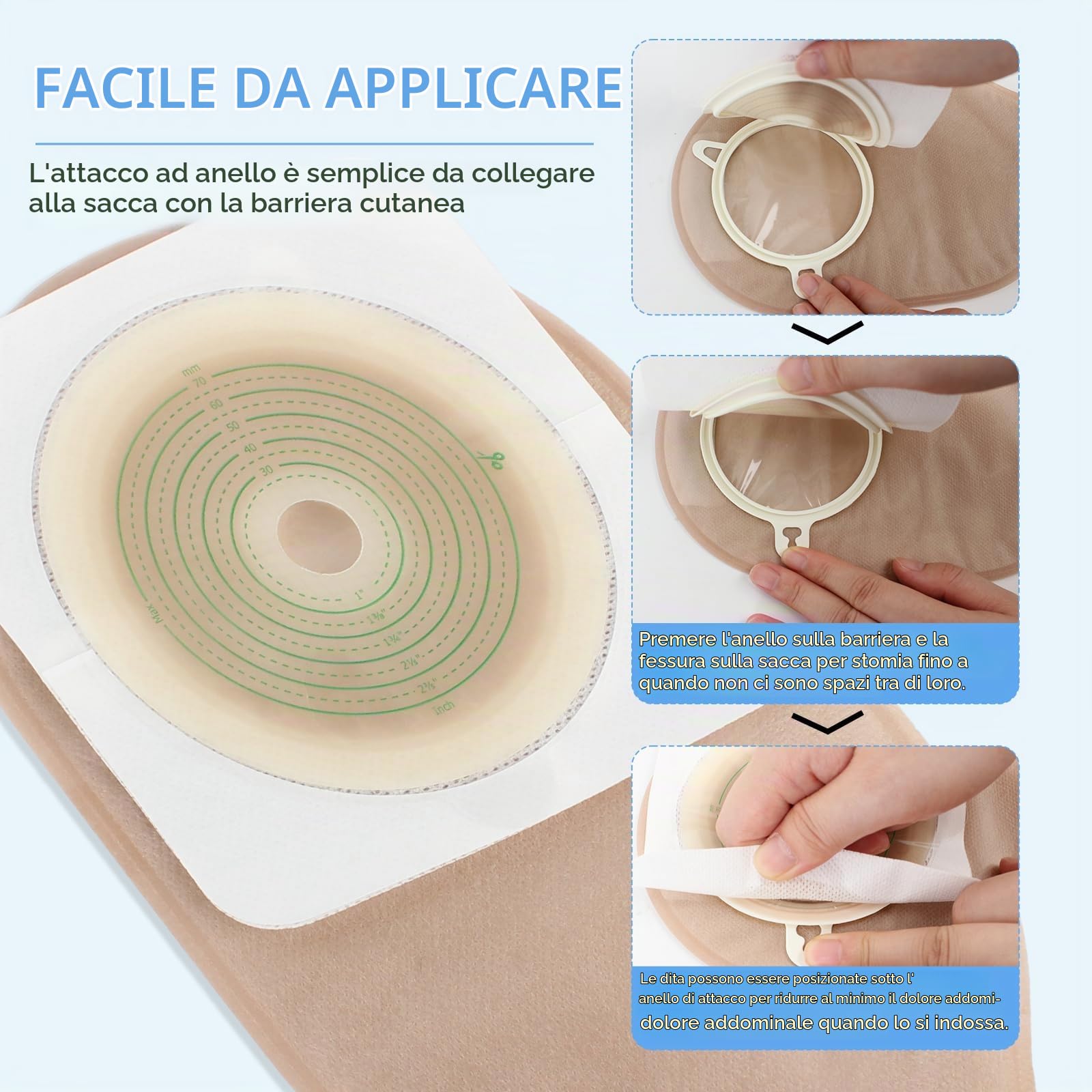 60 Pezzi Di Sacchetti per Colostomia, Sacche per Stomia a 2 Pezzi | 70 Mm Max, 40 Sacche per Stomia + 20 Barriere Cutanee, Sacchetti Drenanti a Due Pezzi Con Chiusura per La Cura Dello Stoma