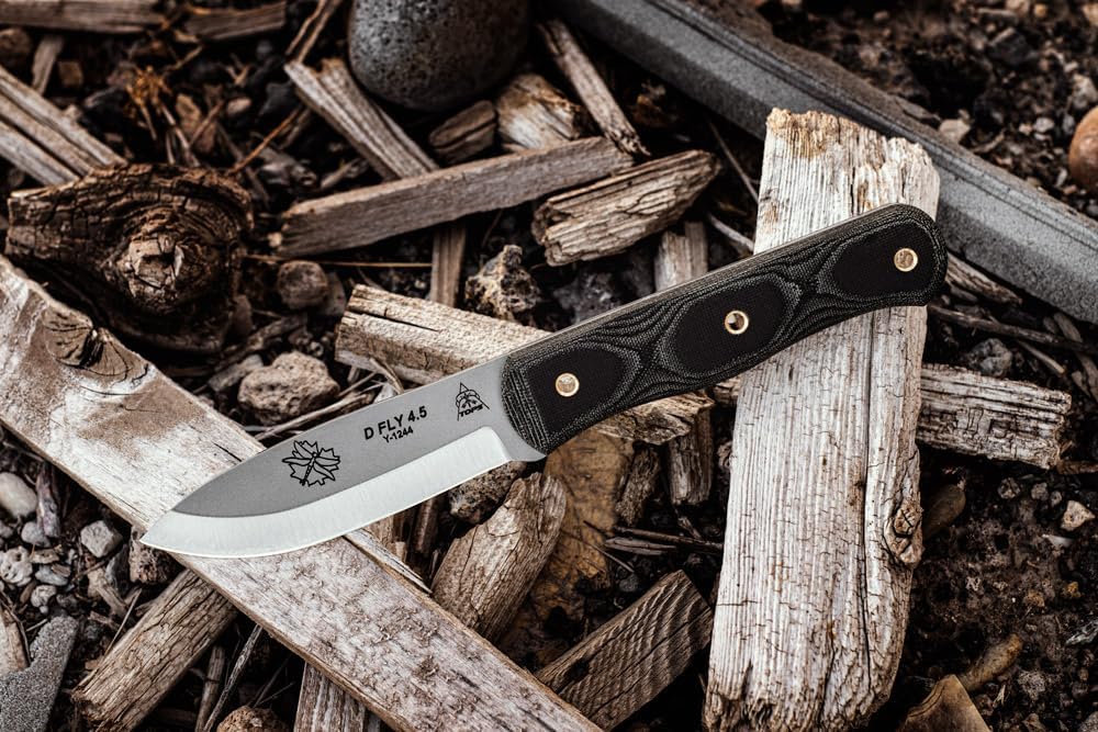Tops Knives D Fly 4.5 Full Tang Fixed Blade- Bead Blast Finish- Black Leather Sheath w/Dangler (Black Canvas Micarta Handle)