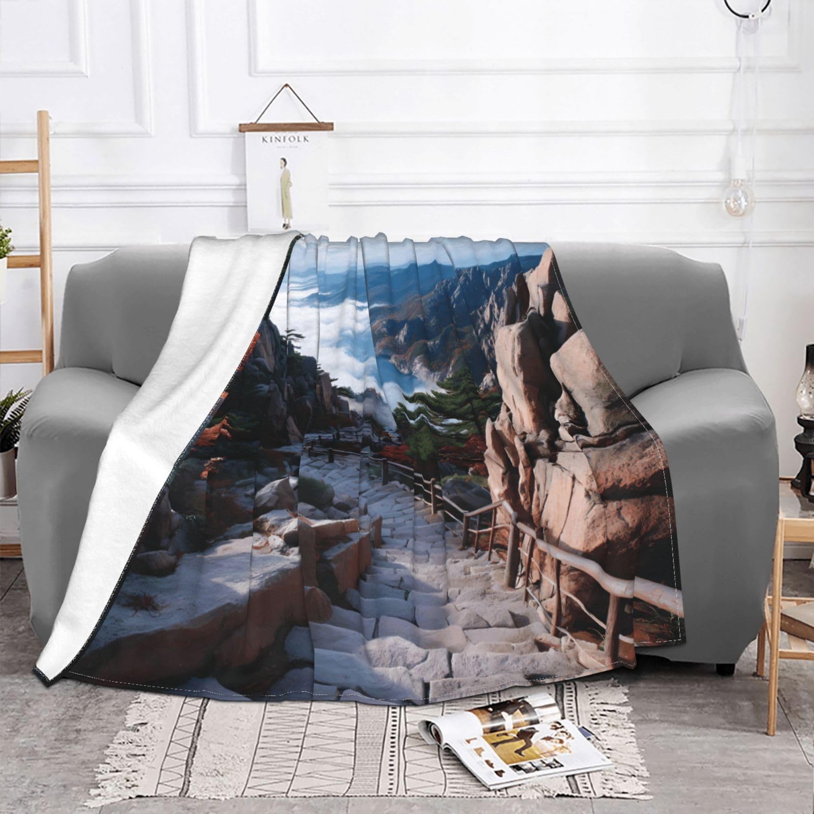 Manta de viaje portátil de 80 x 60 pulgadas, suave, resistente a las arrugas, plegable, exquisita impresión de carretera de montaña empinada