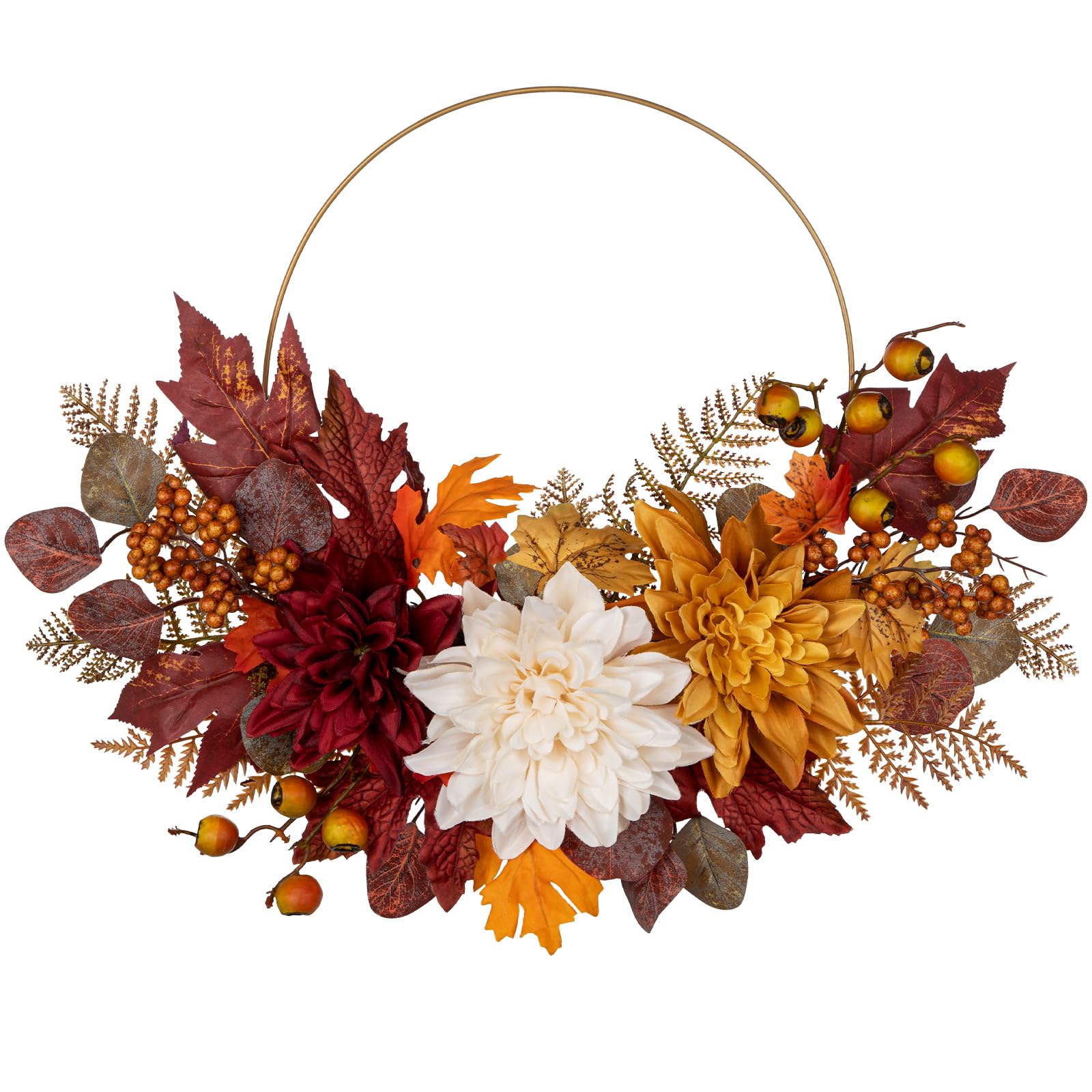 20" Artificial Autumn Wreath Fall Silk Dahlias Metal Hoop Door Wreath