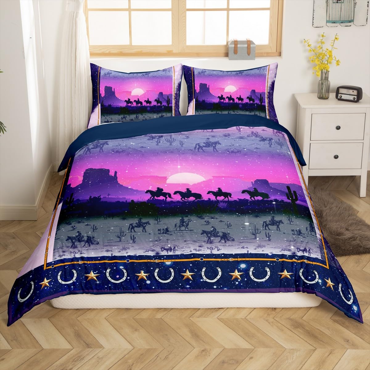 Loussiesd Purple Western Decor Comforter Cover Set Single Size Wild West Cowboy Bedding Set Horse Setting Sun Glitter Bedding Duvet Cover Set Horseshoes West Texas Star Bedspread Cover 2Pcs โ image 1