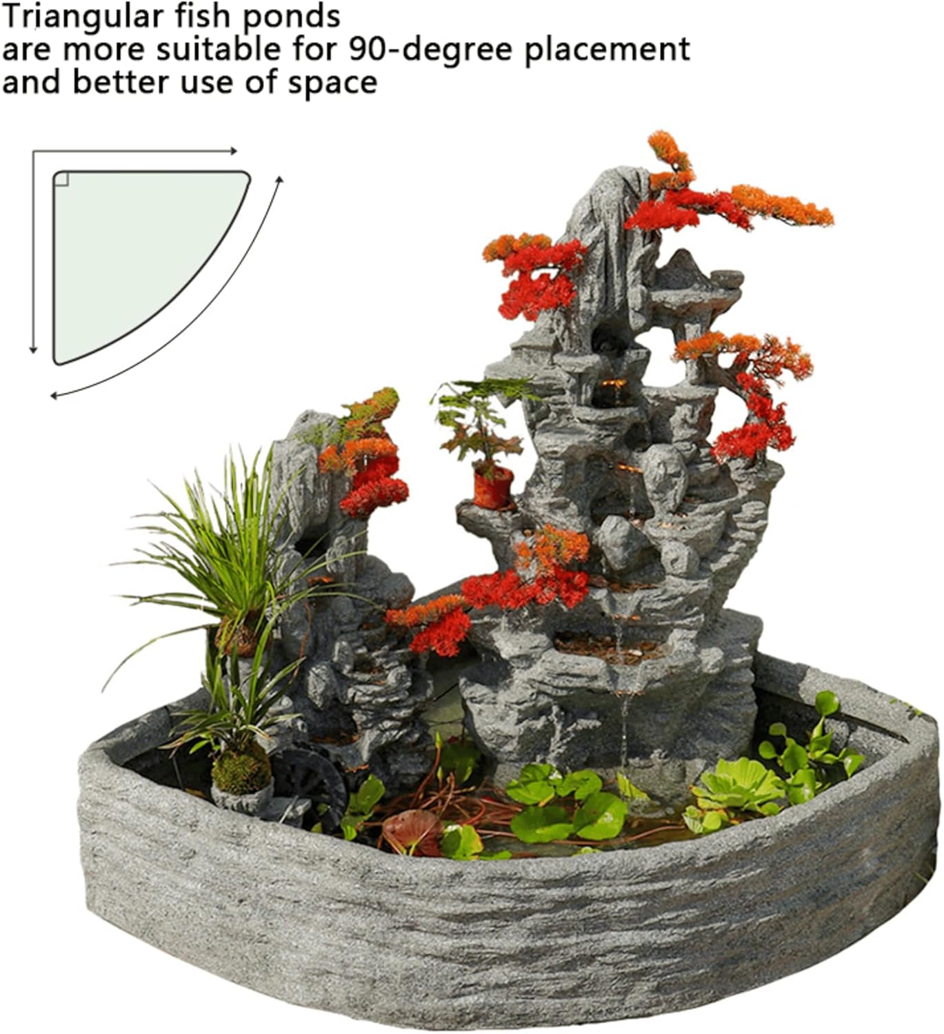 Triangular Rockery Fountain with Internal Circulation, 50 inch Height, Gray,ModernCement Standing Fountain,Housewarming Gift,Outdoor/Indoor, Home Decoration,Balcony,Lawn,Yard,Living Room,Corner Decor