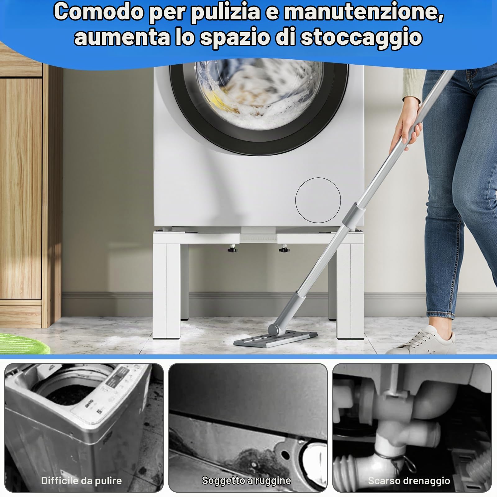 DEWEL Base Lavatrice Alta Resistenza Altezza 30 cm, In Acciaio Massiccio Robusto, Carico 500kg, Supporto Universale e Regolabile (50-78cm) per Lavatrice, Asciugatrice e Frigorifero, Bianco