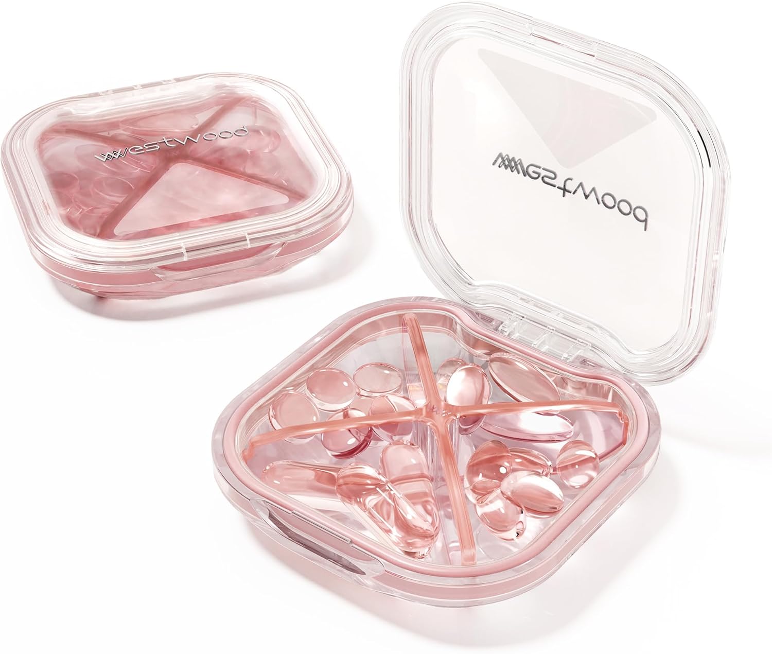 4-Compartment Pill Organizer, Small Pink Portable Pill Case for Daily Vitamins, Supplements & Medication, Travel-Friendly Compact Design, Stylish Cute Medicine Pill Box Pill Holder