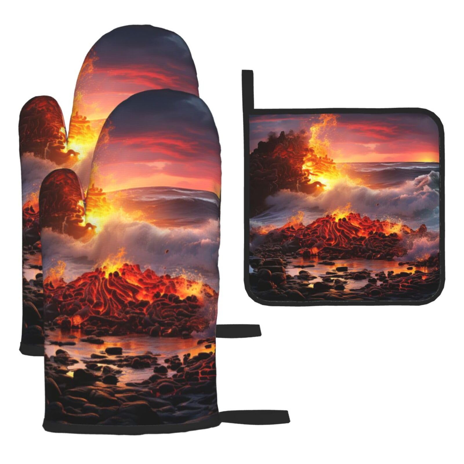 Oven Mitts and Pot Holders Sets of 3 Kilauea Volcano Oven Mitts 3 Pcs Heat Resistant Non Slip Ovens Gloves Hot Pads Kitchen Gloves Potholders for Baking Cooking BBQ Grilling