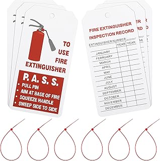 Outus 50 Sets Fire Extinguisher Tags with Adjustable Wire Ties 4.2 x 2.1 Inch Monthly Inspection Waterproof Tags Extinguisher Recharge and Inspection Record for Indoor Outdoor