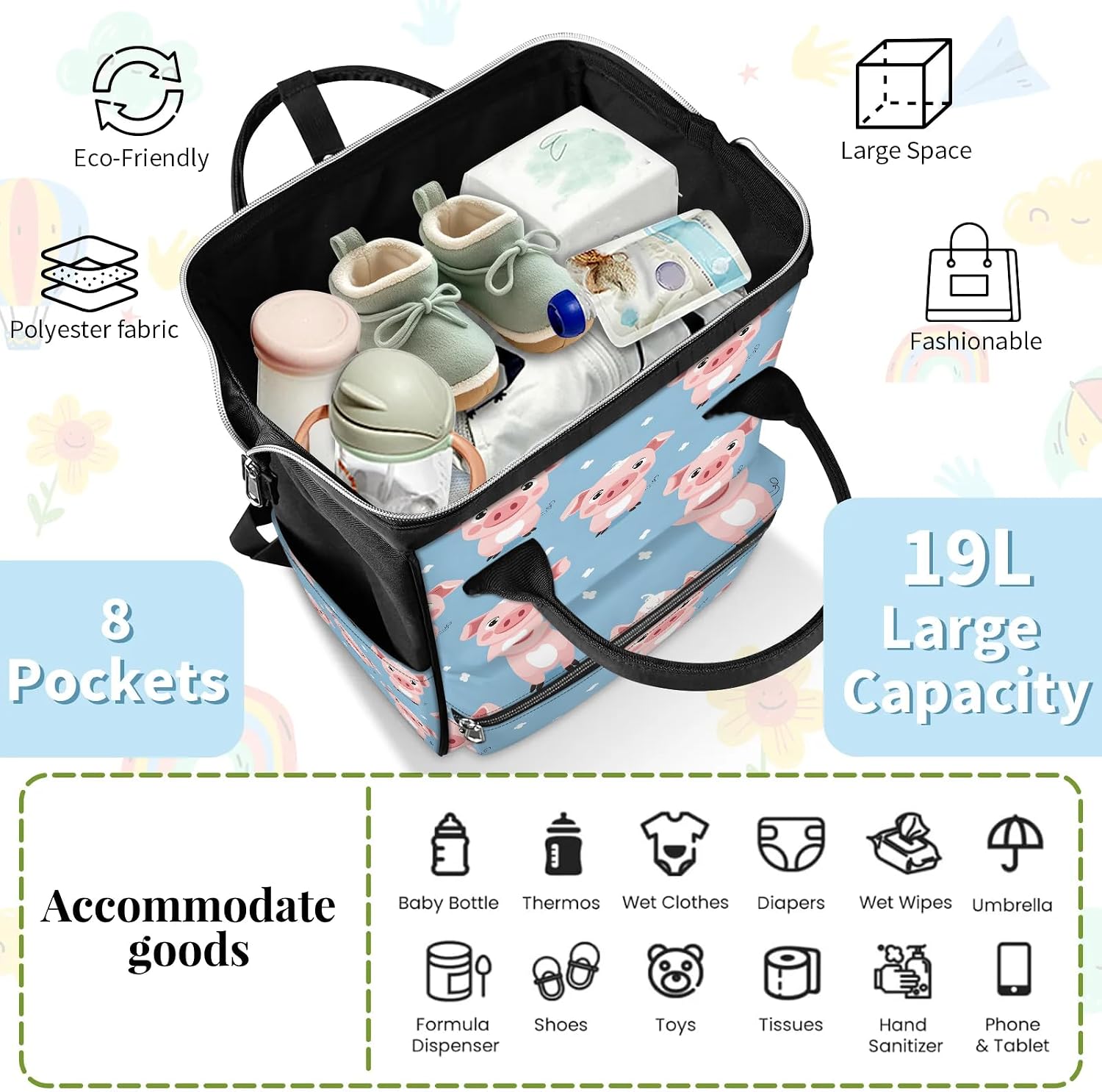 Honeybaby Mommy Bag Backpack & Tote Cute Pig 19L Nappy Bag with Adjustable Straps, Easy Access Side-Zip, Handheld & Shoulder Carry, Perfect Shower Gift for New Parents image 5