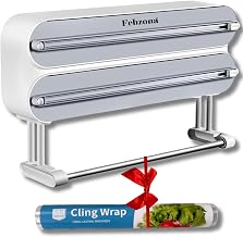 Febzona Foil Paper Cutter and Holder with 50 Mtr Cling Film roll, Kitchen Wrap Dispenser Aluminum Foil, Plastic, Baking, with Slide Cutter Wall or Counter Mounted 3in1 Magnetic Tissue Roll Organizer