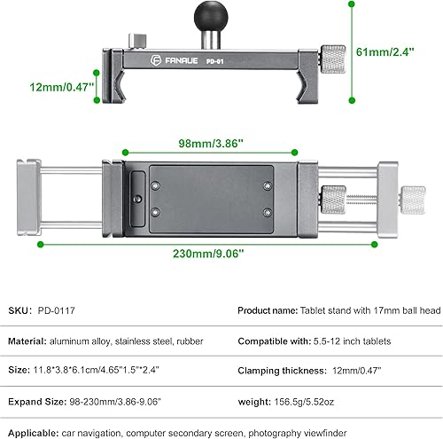 Miniatura 7 de FANAUE Soporte para trípode para iPad con cabezal de bola de 0.669 in, compatible con brazo de doble enchufe y soporte para automóvil, soporte