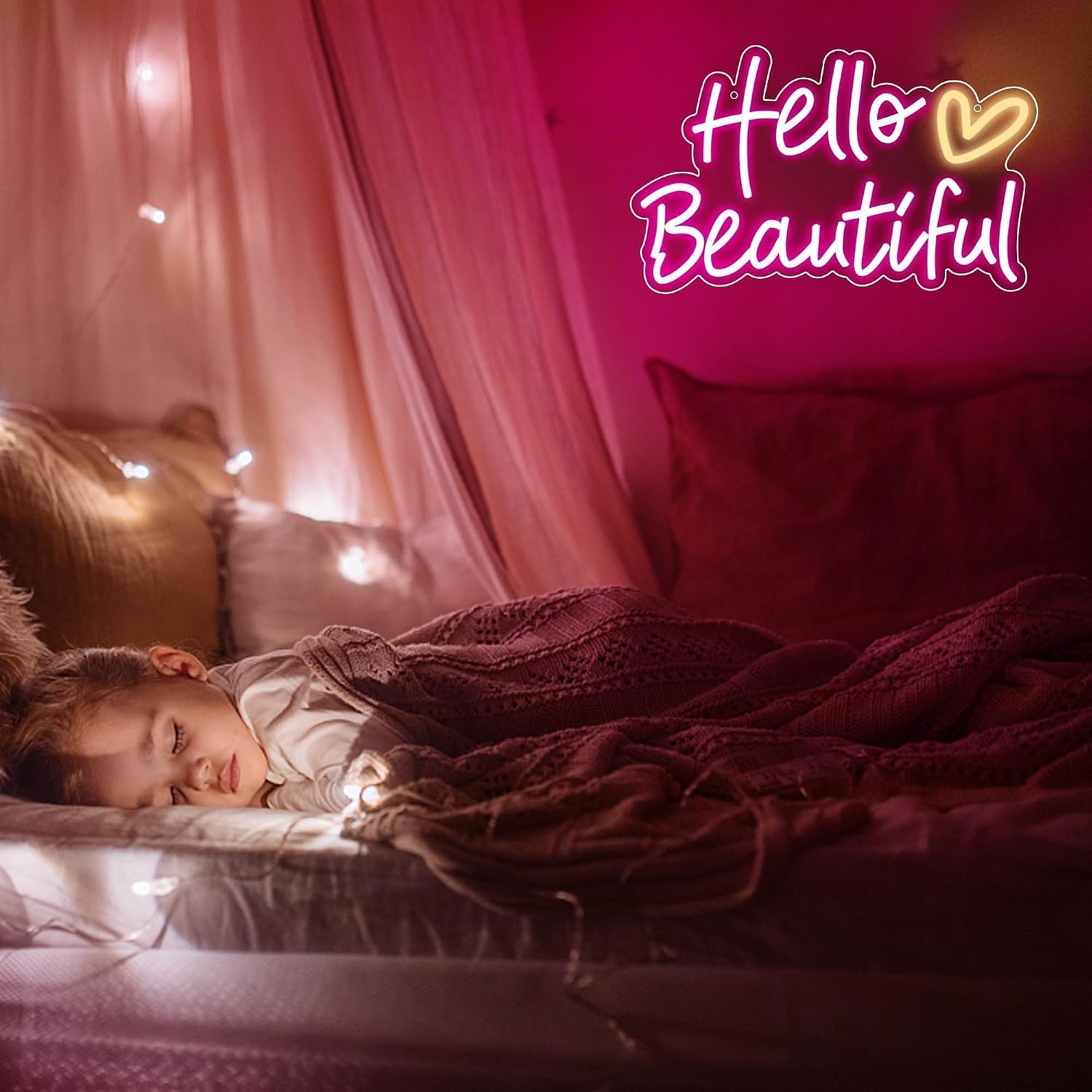 Pink Hello Beautiful Neon Sign for Wall Decor,Beautiful Led Neon for Girl's Room Wall Decor,Girls Light Up Sign for Birthday Party Decor,Valentines Day Decor,Size 15.7 * 9.6 Inches（JTLD099）