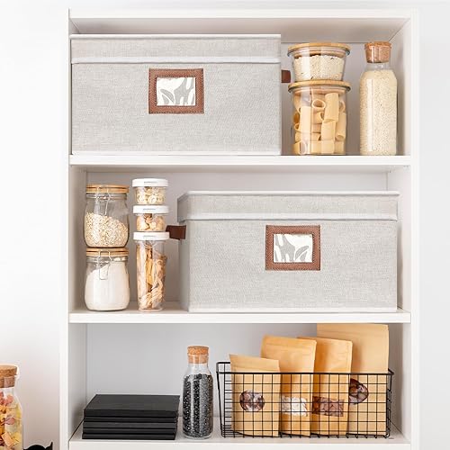 Miniatura 5 de Cajas de almacenamiento con tapas, paquete de 6 contenedores organizadores de almacenamiento plegables de tela con mango de cuero, 15.25 x 10.75 x