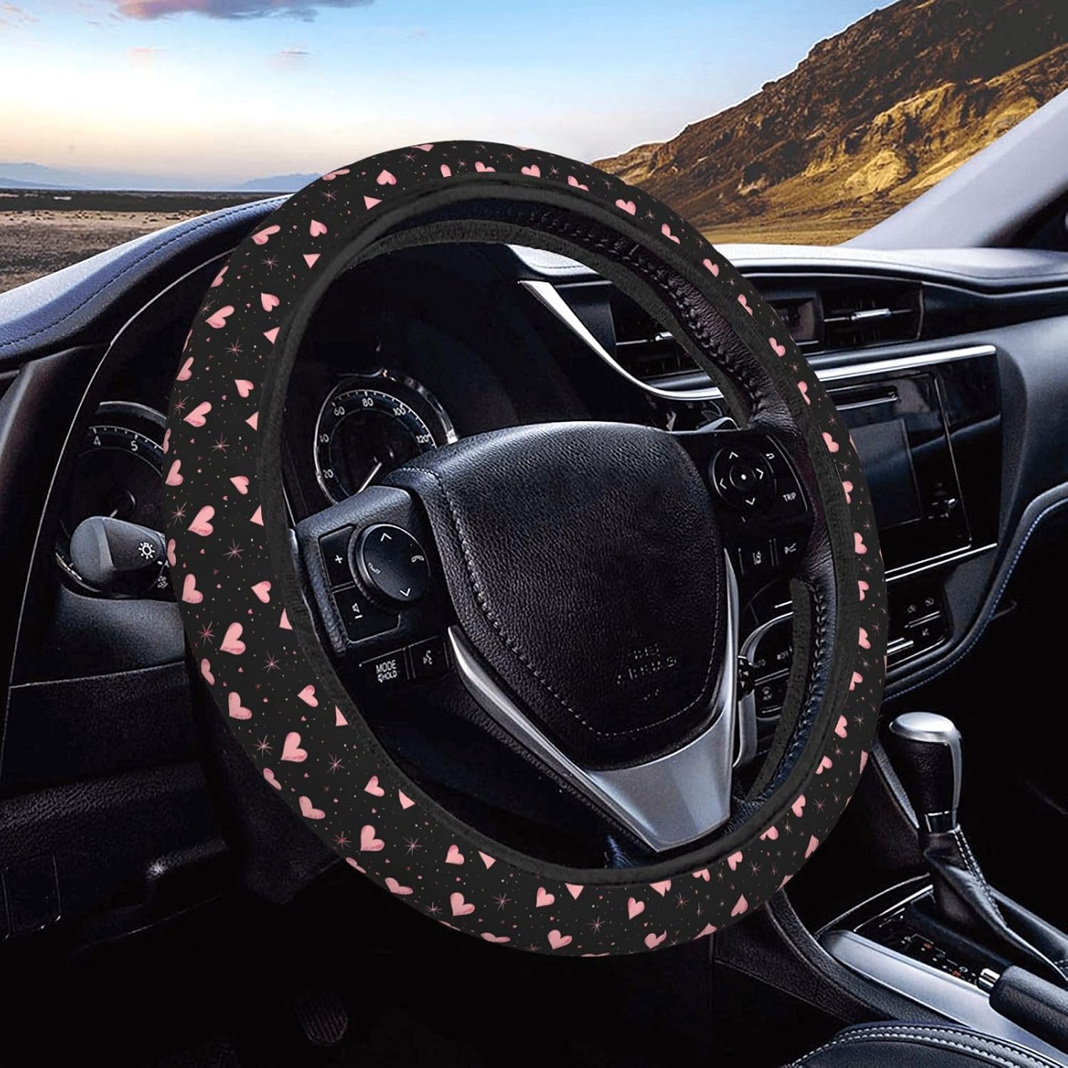 Pink Heart Patterns Car Steering Wheel Cover Auto Steering Wheel Protector Anti-Slip Elasticity and Breathable Car Accessories Universal 15 Inch for Cars SUV Sedan Vans Trucks