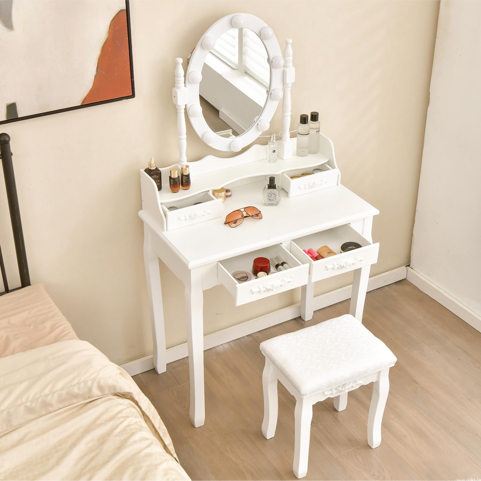 Giantex Makeup Vanity Table with 10 LED Lights, Adjustable Brightness, 3 Color Light Modes, 4 Drawers, Rotatable Mirror, Cushioned Stool, Vanity Desk Dressing Table Bedroom Furniture (White)
