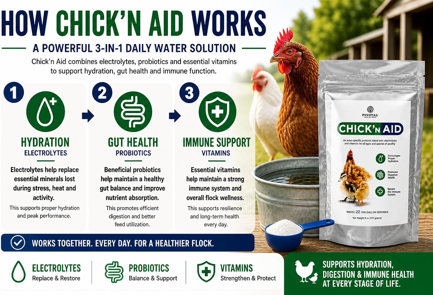 Pivotal Feeds Chick’n Aid Poultry Supplement 8 oz – Electrolytes, Probiotics & Vitamins for Chickens, Ducks & Turkeys | Supports Hydration, Gut Health & Immune Function | Made in USA
