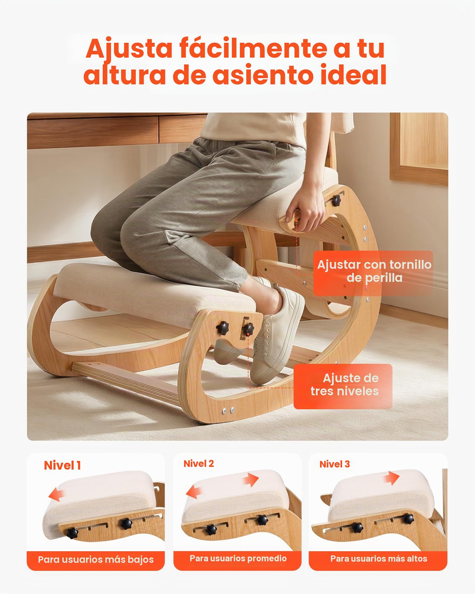 VEVOR Silla Ergonómica de Rodillas con Respaldo, Taburete para Rodillas Estructura de Madera, Cojines de Espuma Gruesa Ajustables, Carga de 120 kg, Relajación de Cuello y Espalda para Hogar, Oficina