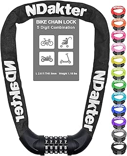 NDakter Bike Lock, 5 Digit Combination Heavy Duty Anti Theft Bicycle Chain Lock, 2.62/3.2/4.27/5/6Ft Long, High Security Resettable, Suitable for Bike, Scooter, Door, Gate, Fence-4/6mm Thick
