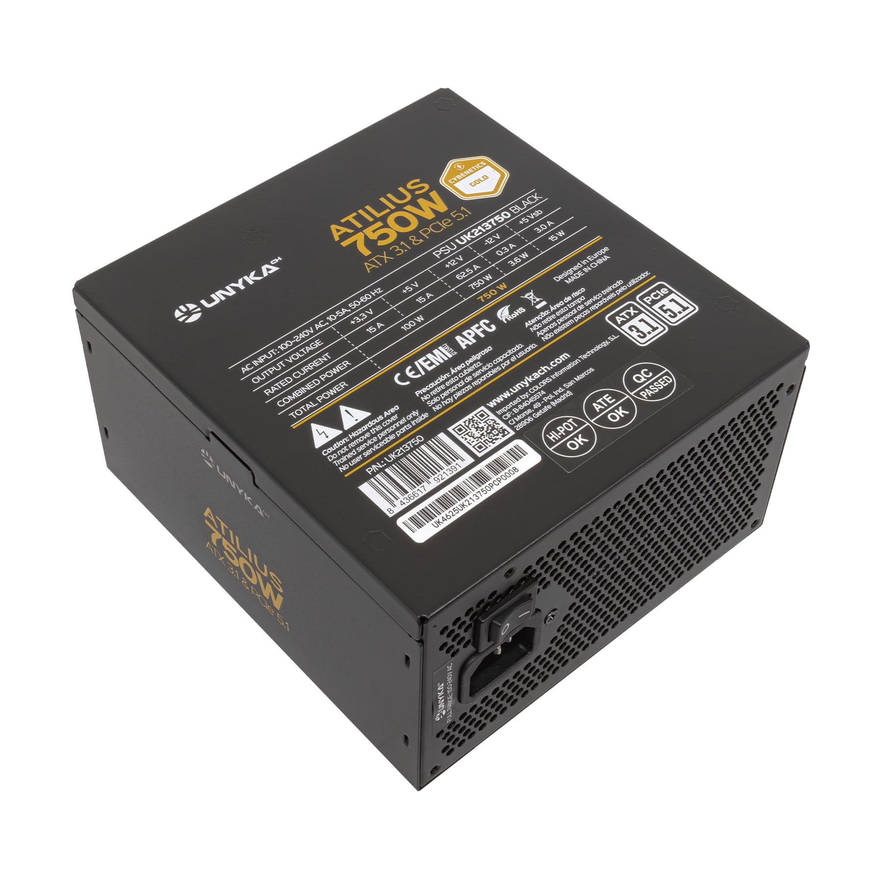 UNYKAch ATILIUS 750W Fuente de Alimentación ATX 3.1 PCIe 5.1 Cybenetics Gold – Full Modular PSU Gaming Silenciosa