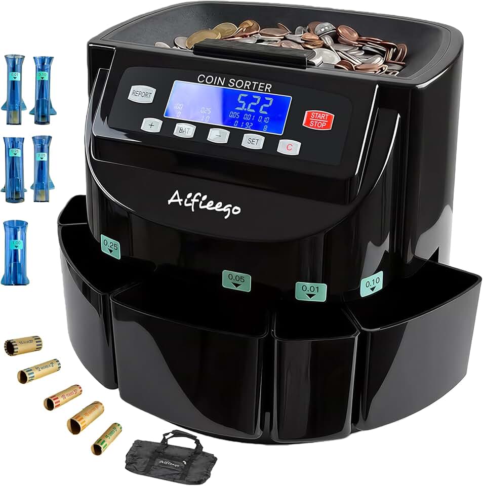 Coin Counter Sorter Wrapper Machine,Counting Wrapping US Change (A Black) | 3 In 1 Electric Coin Sorter Machine, Change Counter for US Coins, Fast Counting, Sorting,Wrapping with LCD, 50 Coin Wrappers