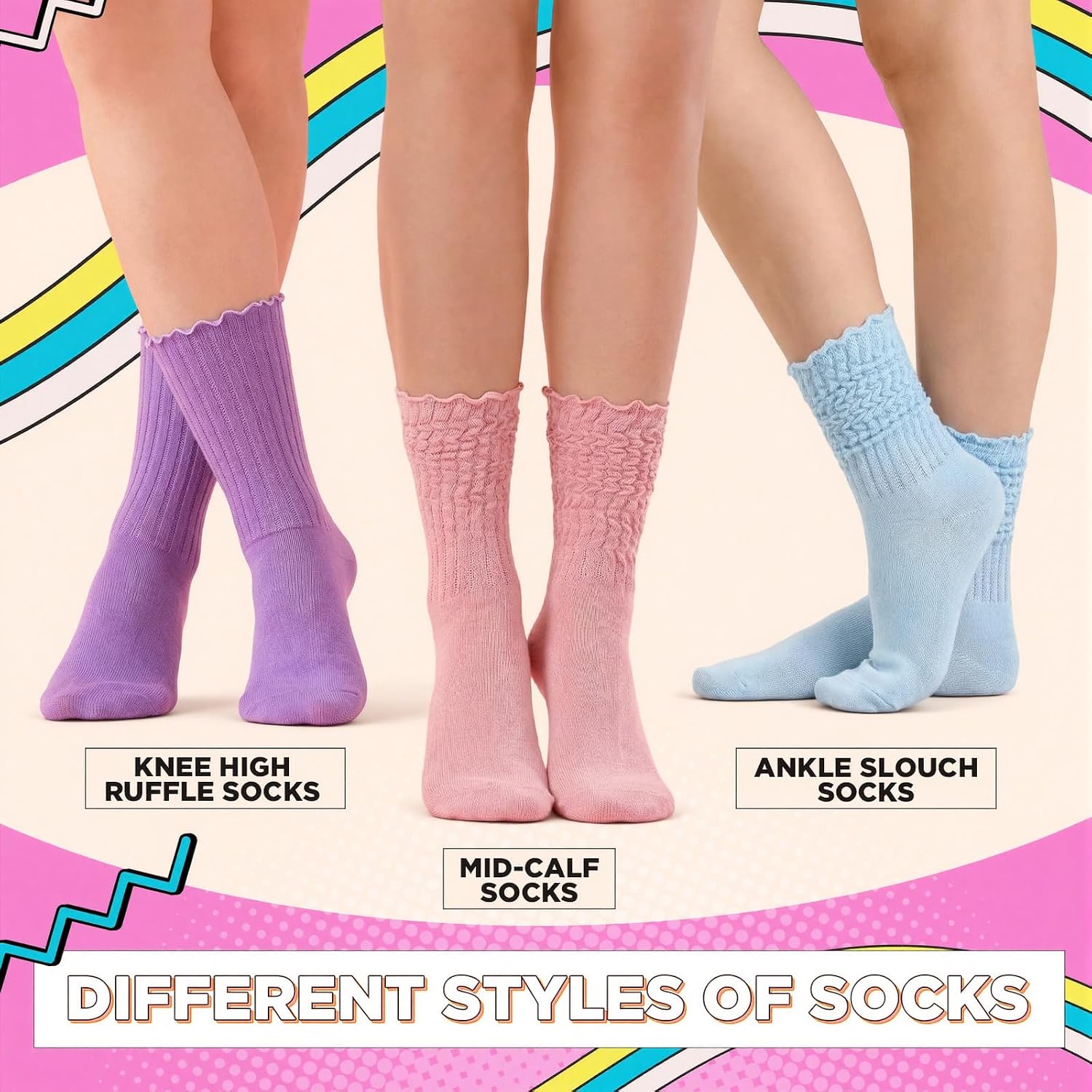 6 Pairs Ruffle Slouchy Crew Socks for Women Scalloped Socks Turncuff Soft Lettuce Women's Slouch Scrunch Boot Sock