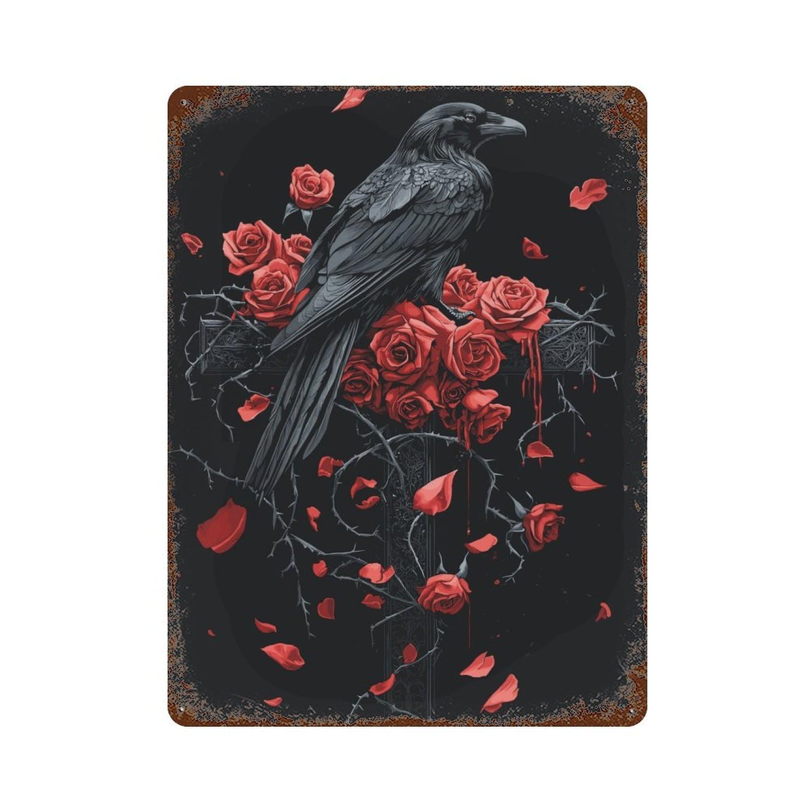 Gothic Raven And Roses on Gothic Cross Rusty Metal Tin Sign 15.7"x11.8", for Shed, Workshop And Garage Wall Decor, Shabby Chic Decor