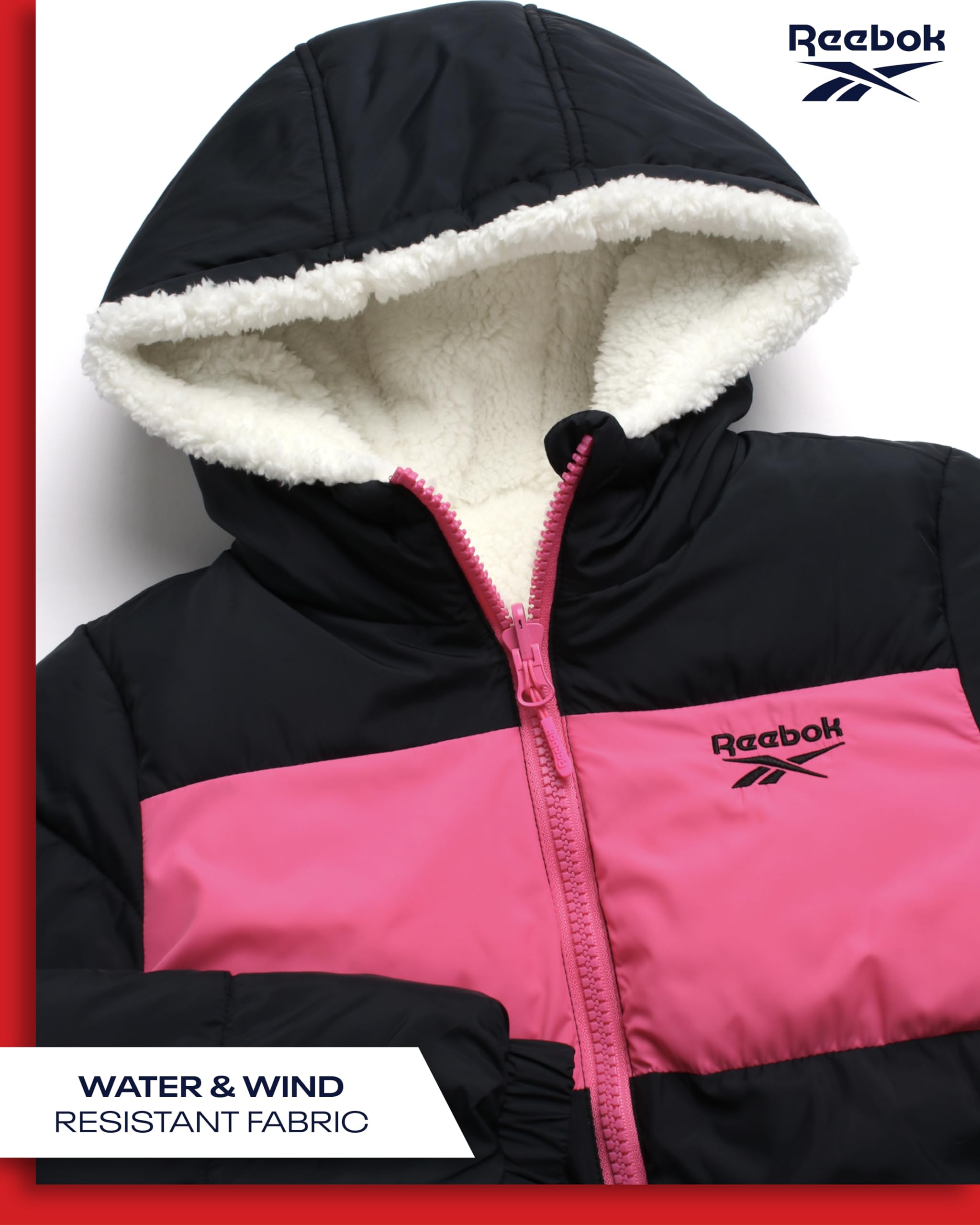 Reebok Dziewczęca kurtka zimowa, dwustronny, pikowany, puchowy płaszcz z podszewką z polaru Sherpa, dwustronna kurtka dla dziewczynek (4-16)