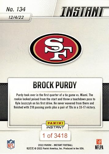 Miniatura 2 de 2022 Panini Instant Football 134 Brock Purdy Rookie Card 49ers - Only 3418 made