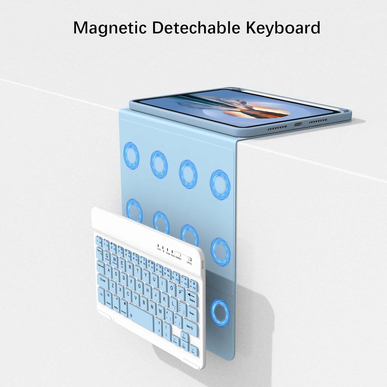 Keyboard Case for iPad mini 7th Generation (A17 Pro) 2024 / 6th Gen 2021 8.3 Inch [Magnetic Detachable Wireless Keyboard][Support 3 System] Flip Stand Case with Pencil Holder, Light Blue
