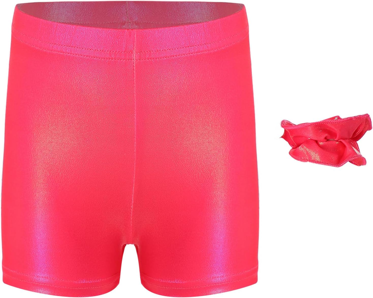 Kaerm Kids Girls Shiny Metallic Shorts Hot Pants Sparkly Dance Shorts with Hair Tie Outfits Gymnastic Bottoms