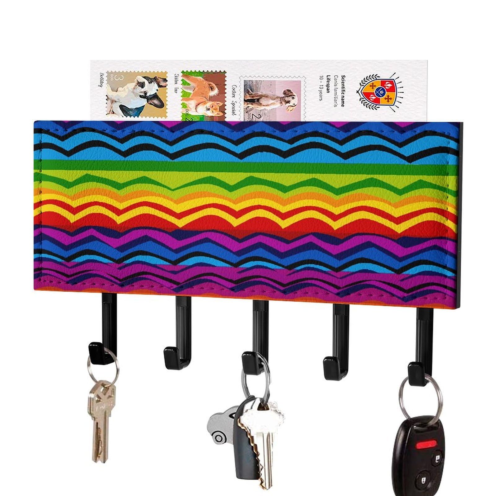 FekiLoot Gay Pride Rainbow Pattern1 Key Holder for Wall Decorative Mail Organizer with 5 Key Hook Self Adhesive Key Rack with Tray Coat Rack Wall Mount Key Hanger Decor for Entryway Door
