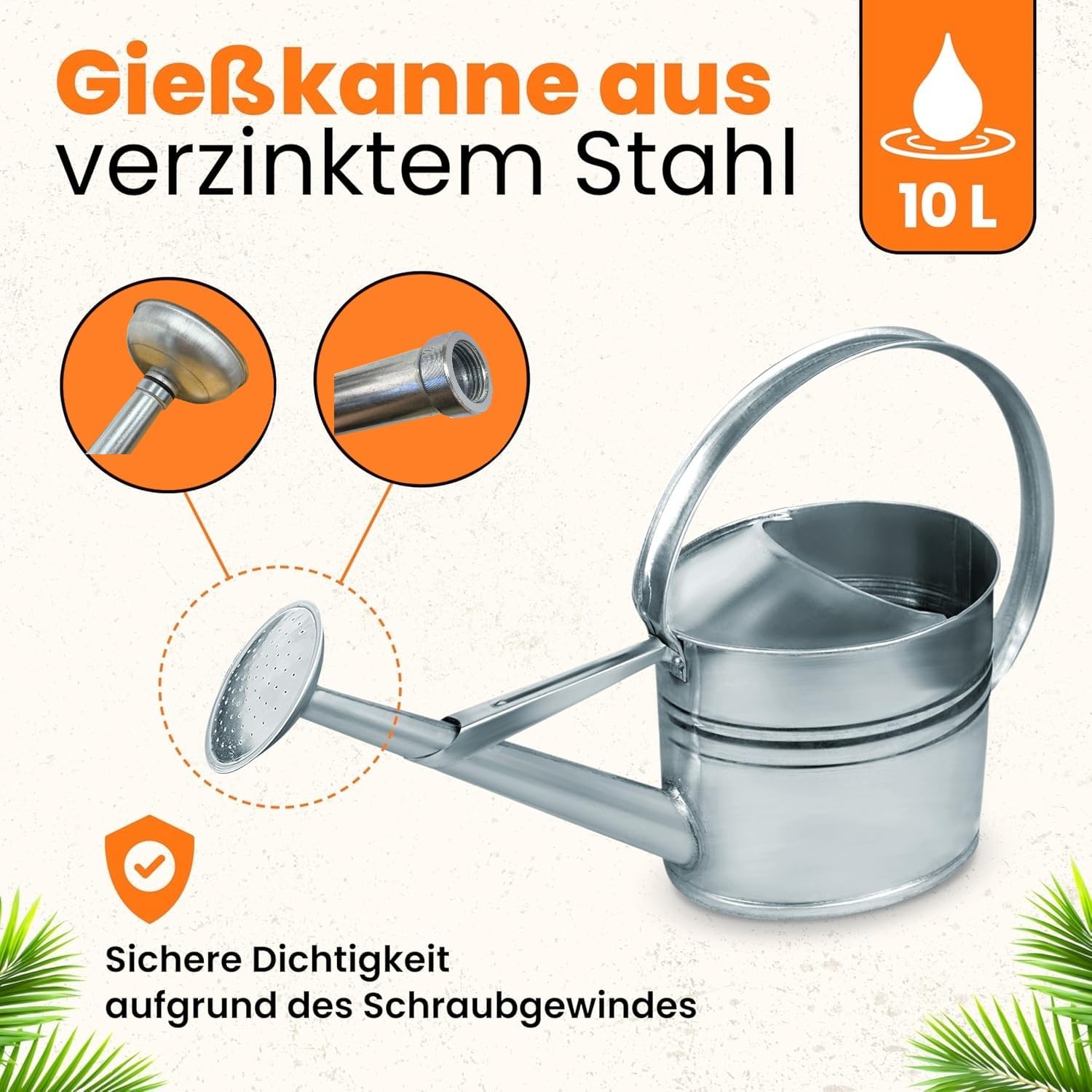 HRB Zinkgießkanne 10 L, Gießkanne feuerverzinkt, langlebige Metallgießkanne für den Innen- und Außenbereich Giesskanne mit Gießbrause Bewässerungssystem (Silber, Zinkgießkanne, 10 L)