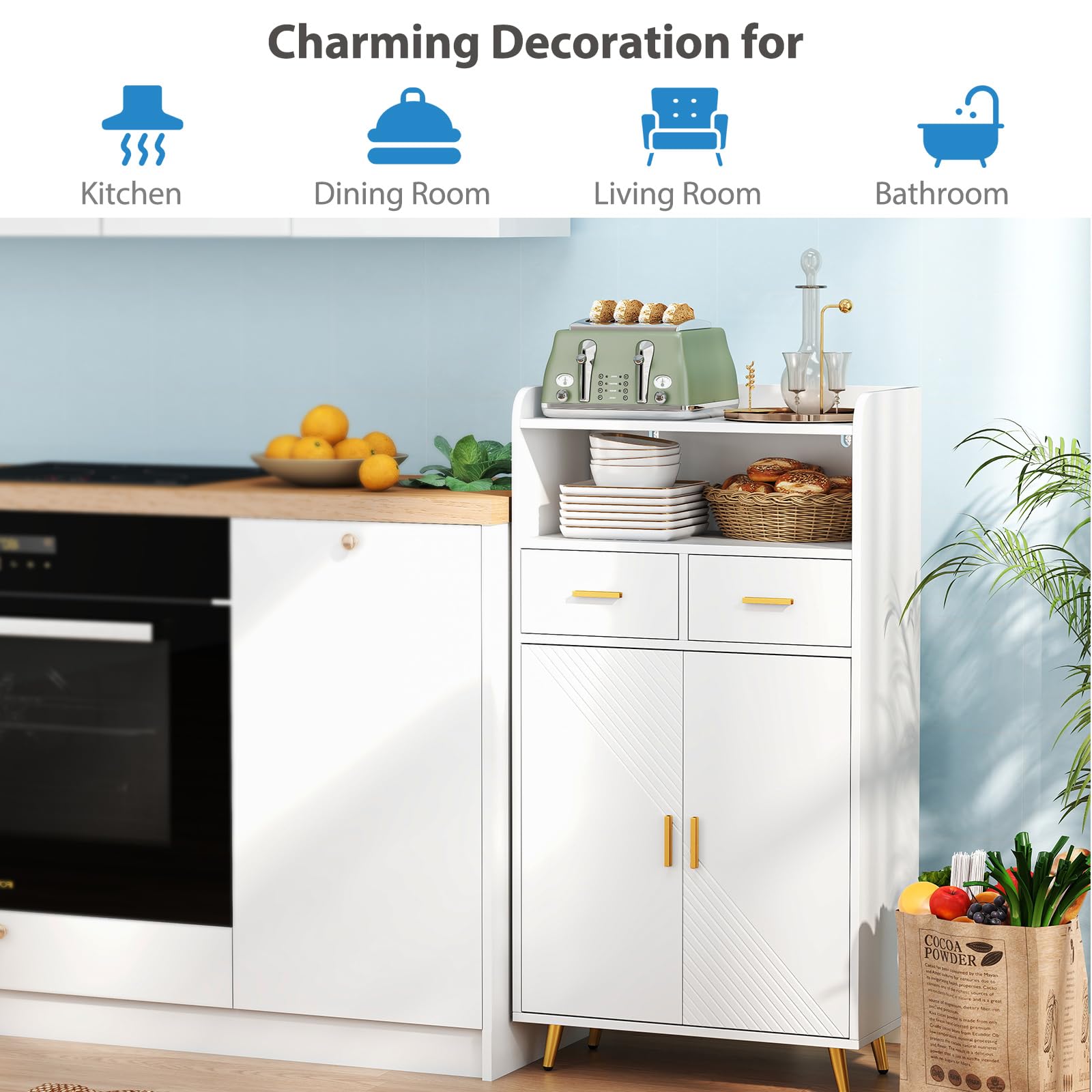 LIFEZEAL Credenza Cucina, Mobile Dispensa, Armadio, Madia, con 2 Ante, Cassetti, Ripiano Regolabile, Scomparto Aperto, Moderno, Salvaspazio, Soggiorno, Sala, Ingresso, in Legno, 60x30x113cm, Bianco