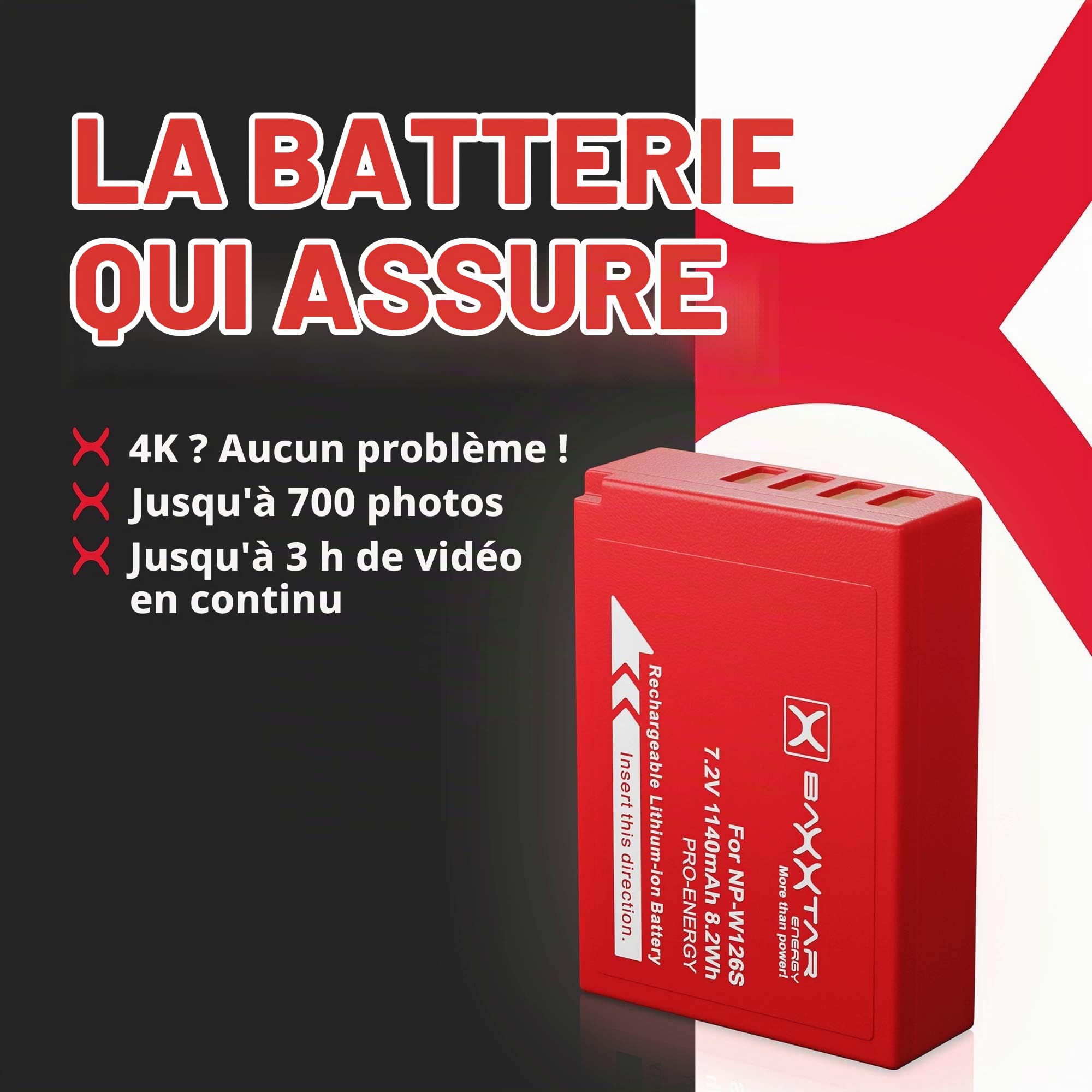 Baxxtar Pro (2X) Compatible avec Batterie Fujifilm NP-W126s (NP-W126) - Mini 1855 LCD Dual Chargeur - (entrée USB-C et MicroUSB)