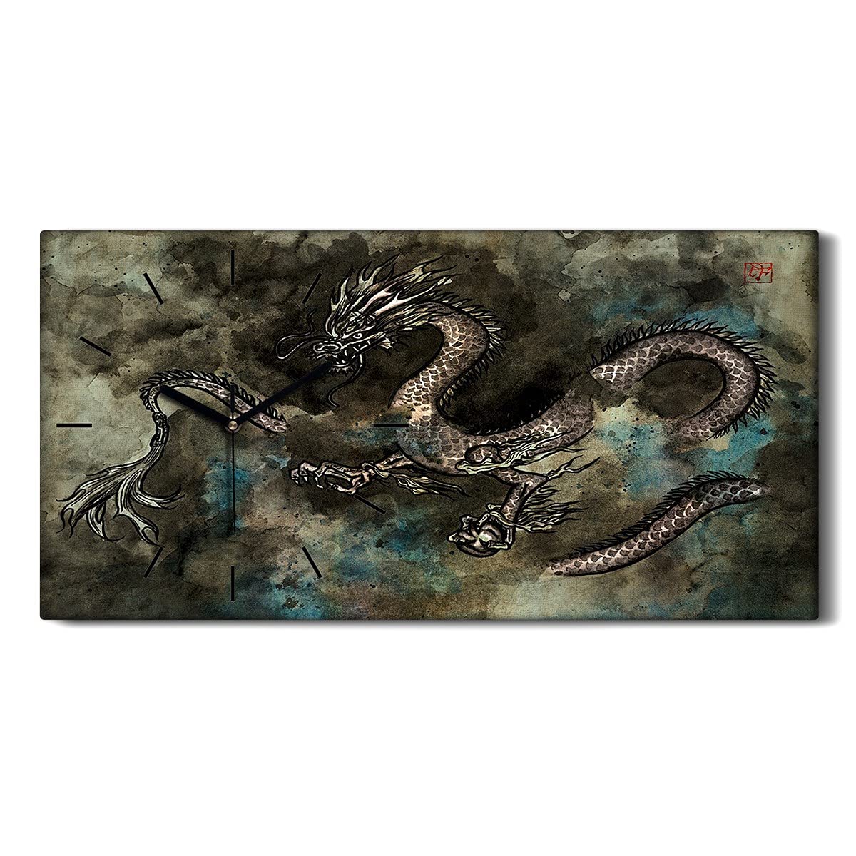 Horloge sur toile silencieuse mains noires motif monstre dragon asiatique art mural 60x30cm