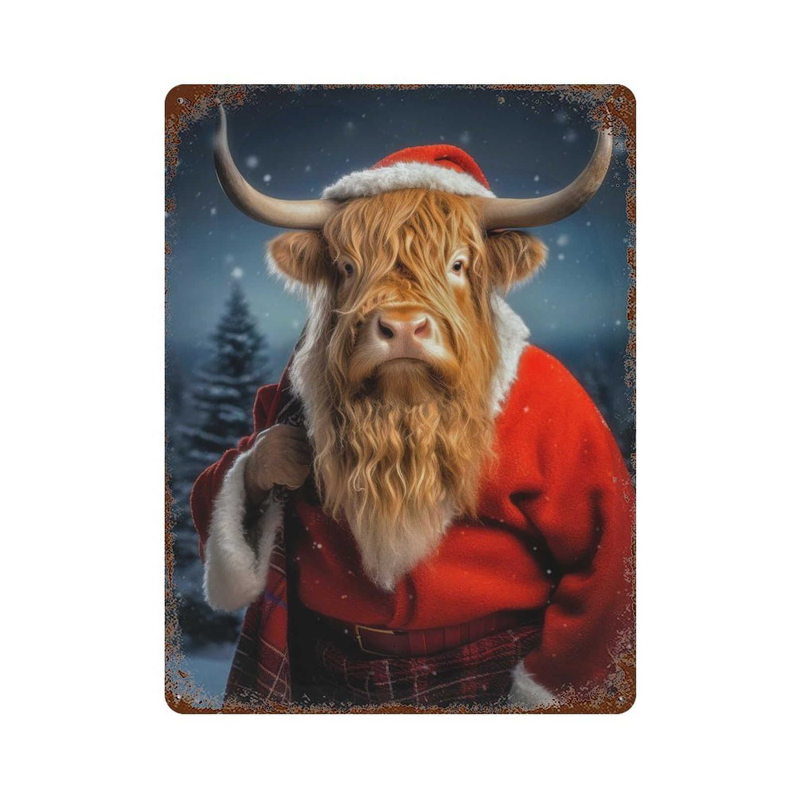 Rust Effect Tin Sign Santa Highland Cow 15.7"x11.8", Vintage Wall Decor for Living Room, Hallway And Home Decor