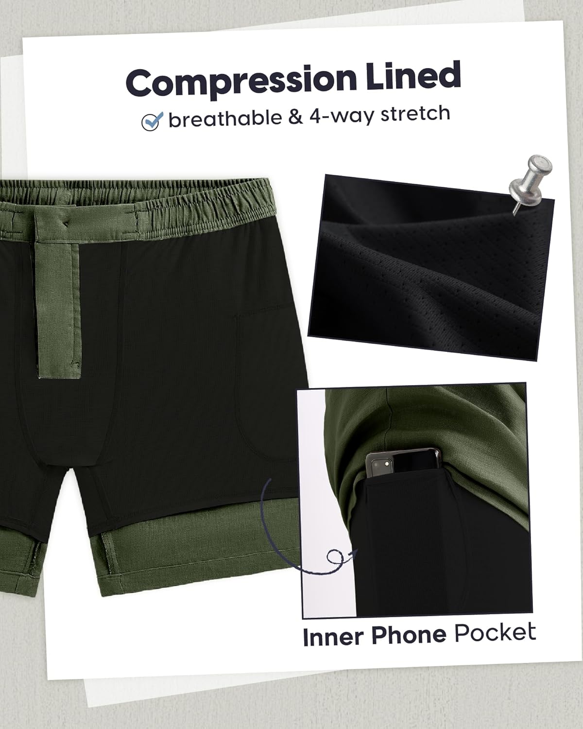 maamgic Mens Casual Linen Shorts 5/7 Inch Elastic Waist Drawstring Summer 2 in 1 Beach Short with Pockets - Image 4